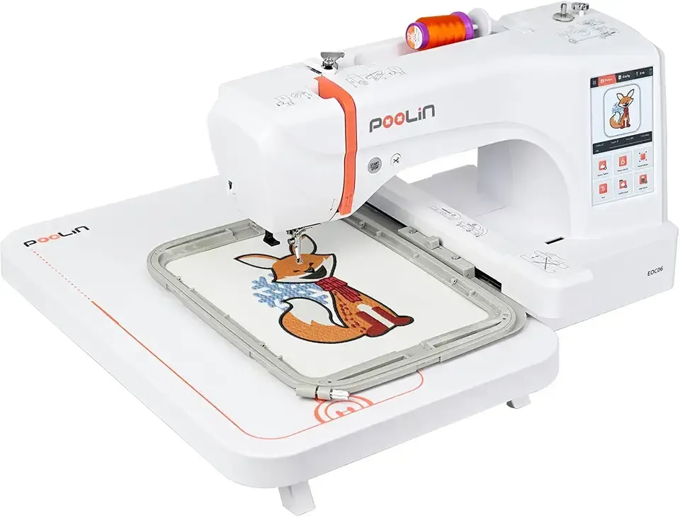PooLin EOC06 Embroidery Machine,7" Touchscreen,11"x7.9" Embroidery Area,Computerized Embroidery Machine for Beginners Gifts,200 Built-in Designs,USB & Wireless,4 Hoops,Thread,Bobbin,Stabilizer