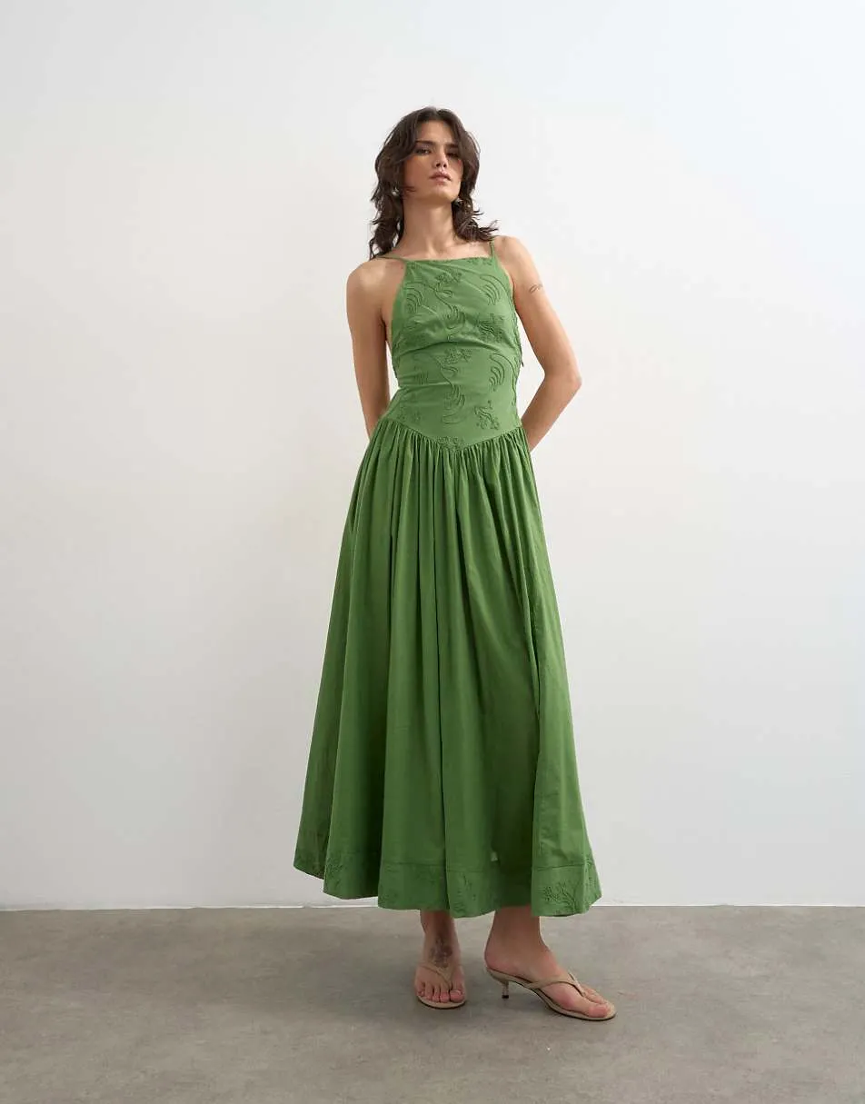 Topshop deep v back strappy midi sundress with cording in green