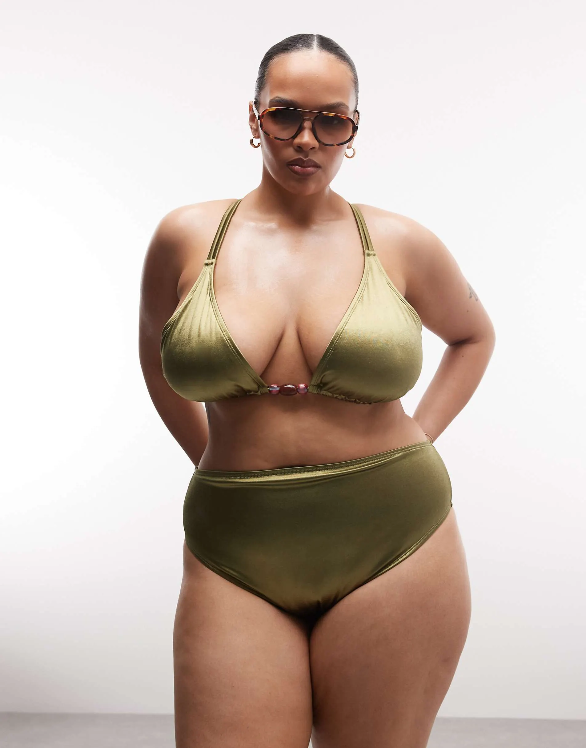 ASOS DESIGN Curve Keira high shine high leg high waist bikini bottom in olive