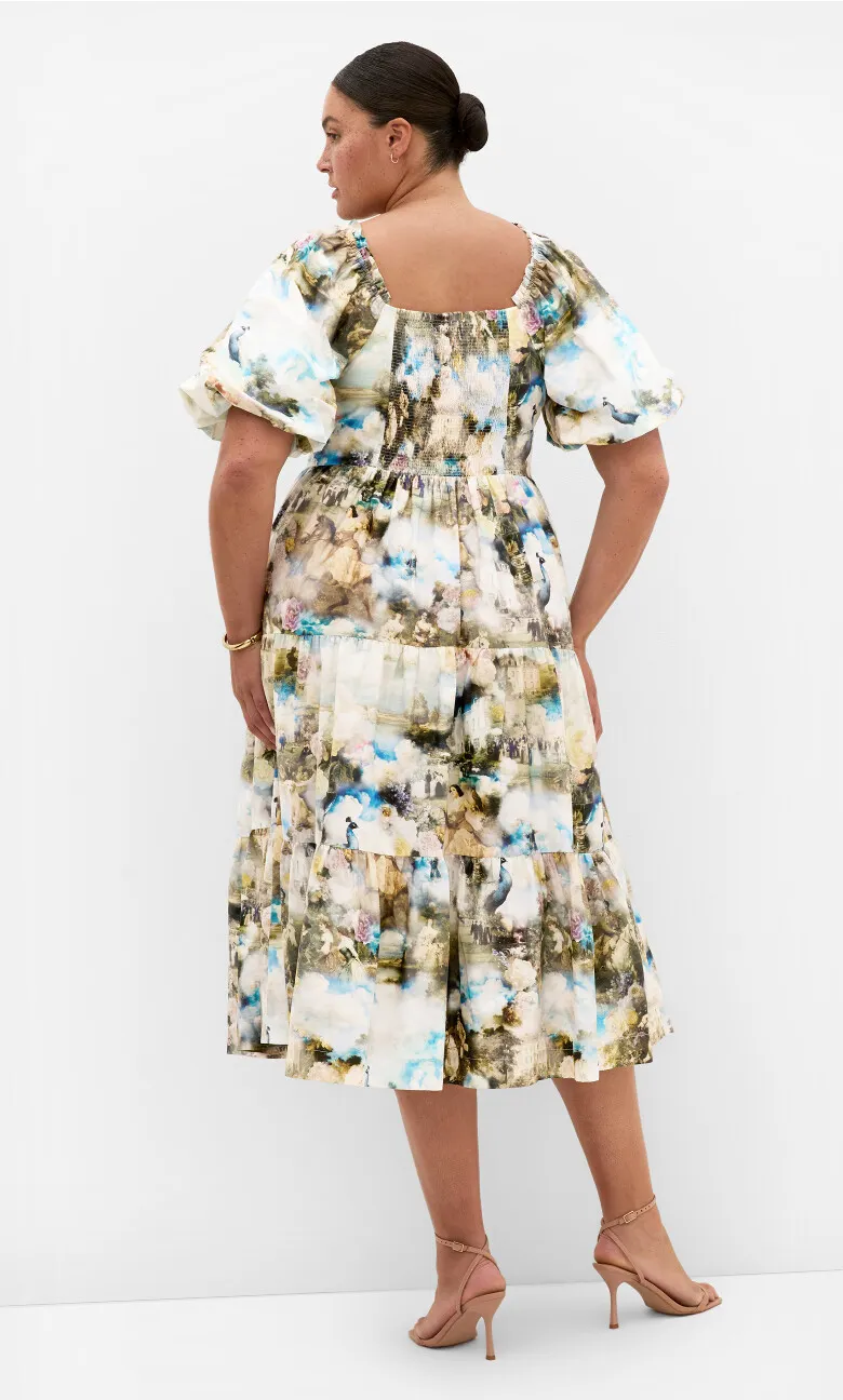 Fantasy Ballroom Print V Neck Dress - ivory multi
