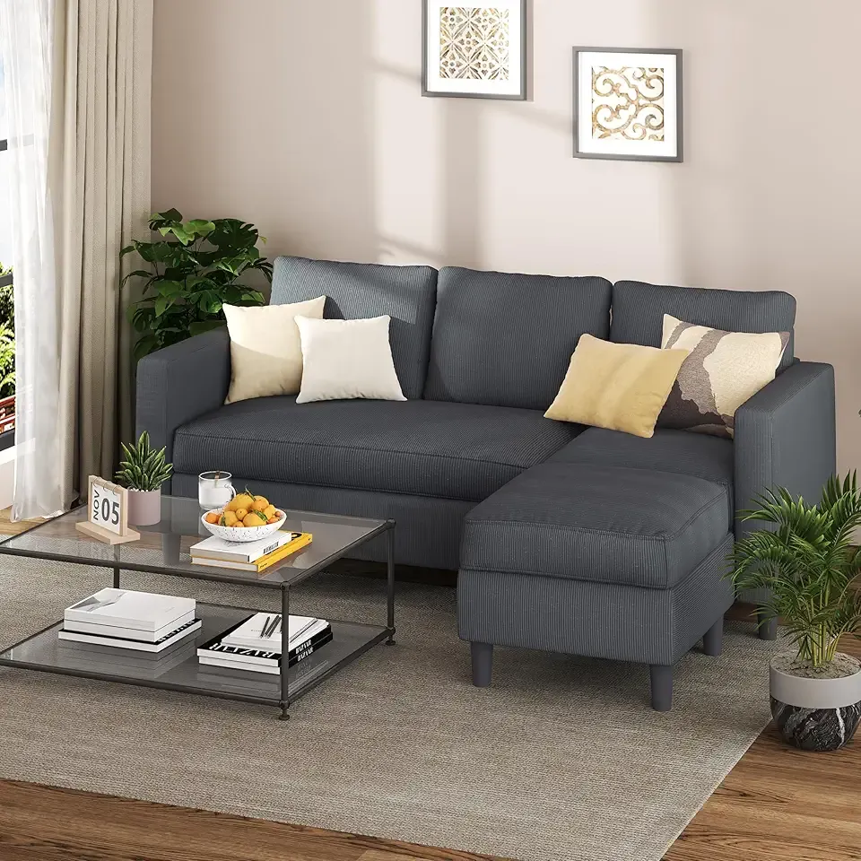 Small Sectional Couch Sofas, 3 Seat L Shape Sofa with Ottoman, Corduroy Upholstered Convertible Sofa Couches, Small Couch for Apartments, Living Room and Office