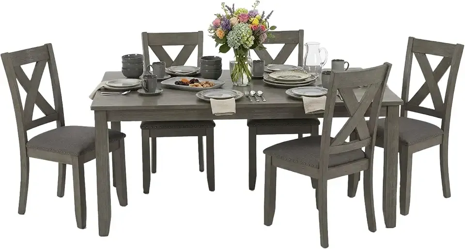 Signature Design by Ashley Caitbrook Rustic 7-Piece Dining Set – Rectangular Table with 6 X-Back Upholstered Chairs, Gray