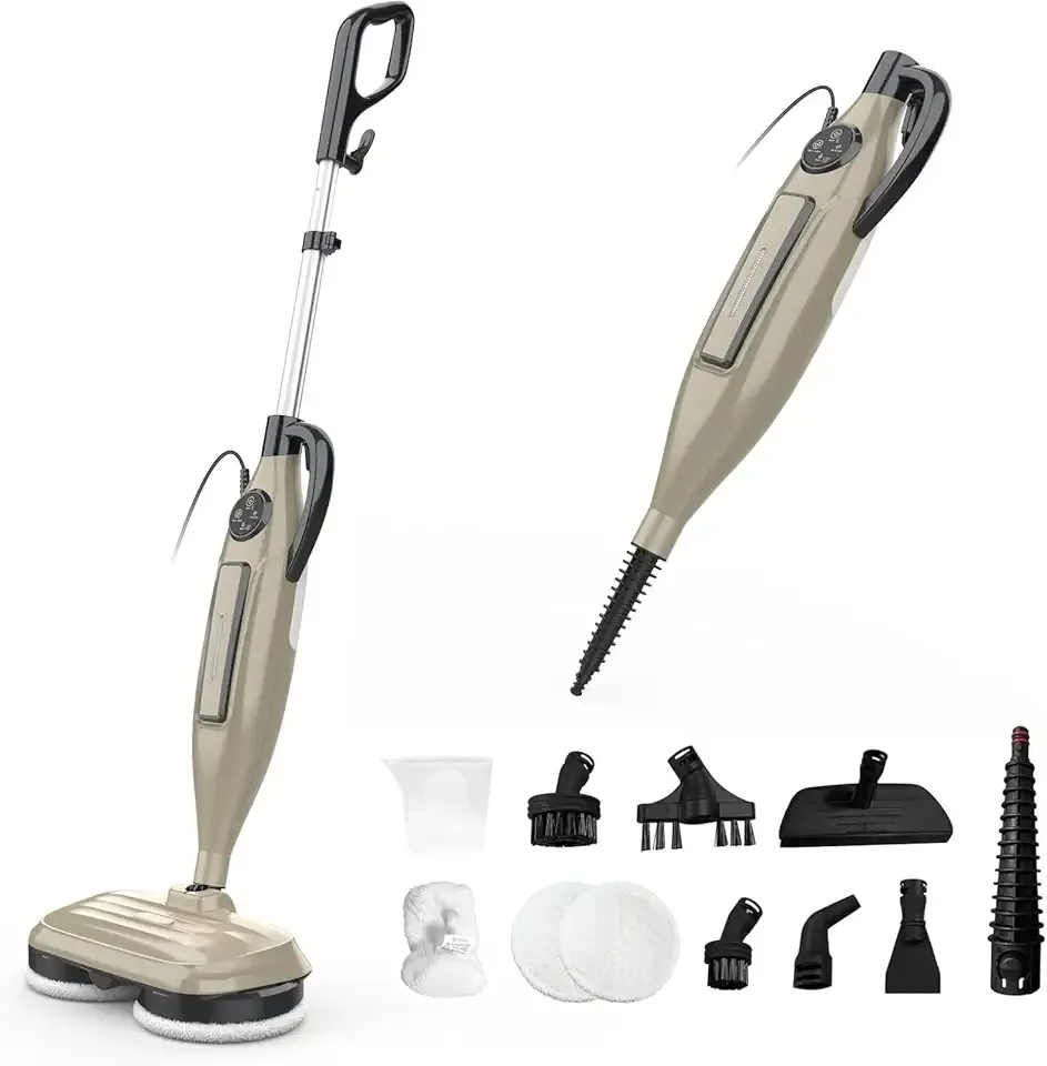 DEVOAC VM6 Scrubbing Steam Mop with Rotating Mop Pads, 10 in 1 Steam Mop, Lightweight Spin Mop & 3 Steam Modes for Hard Floor Laminate Marble Floors (Khaki)
