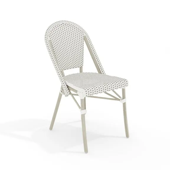 Martha Stewart Indoor-Outdoor Stackable Bistro Chair with Gray Woodgrain Aluminum Finish Frame and White/Gray Woven Rattan Back and Seat