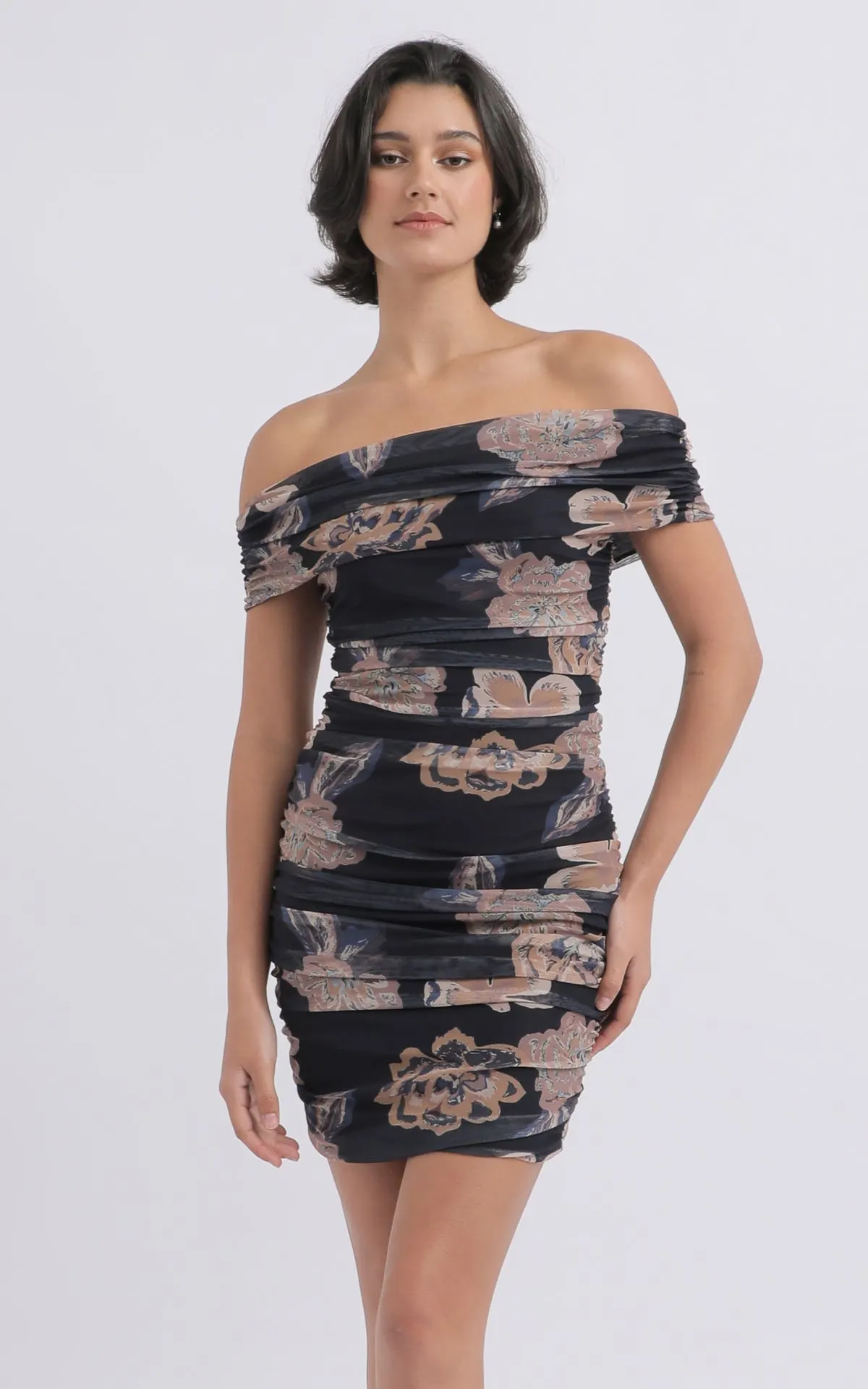 Printed Mesh Bardot Dress