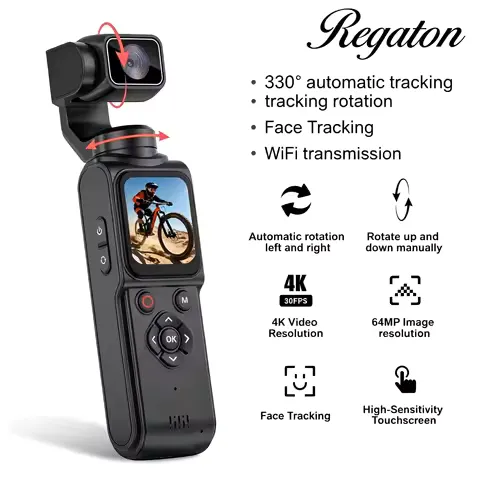 Regaton 4K Action Camera 330° Face Tracking Gimbal Stabilizer 1.72 Inch Touch Screen 64MP Pocket Digital Camera WiFi Sports DJ