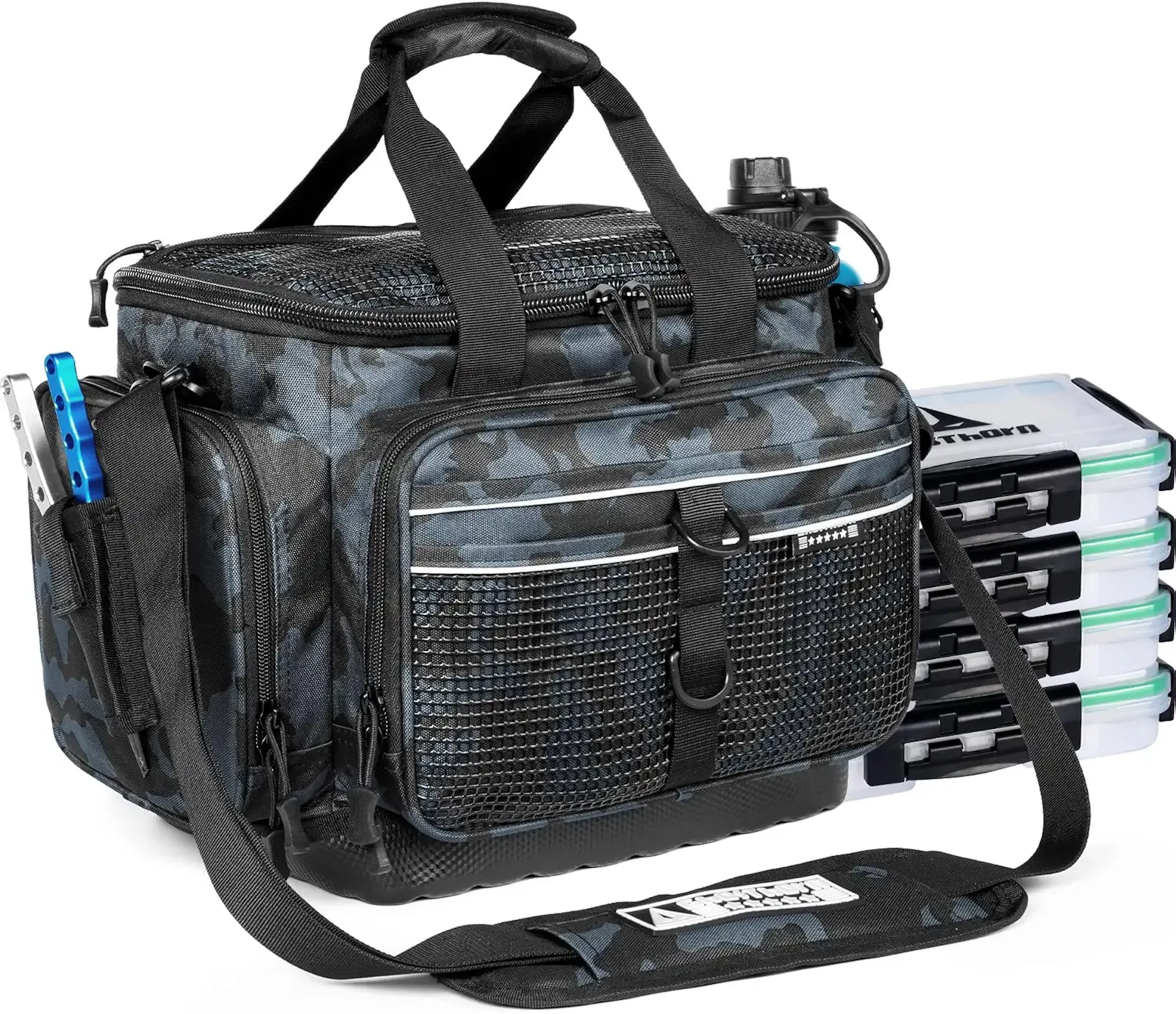 Ghosthorn Waterproof Fishing Tackle Bag with 4 3600 Boxes Lure Organizer | Fishing Tackle Bag 3600 Trays Included with Removable Dividers Storage Lure Box Tackle Backpack for Lures, Hooks and Gears