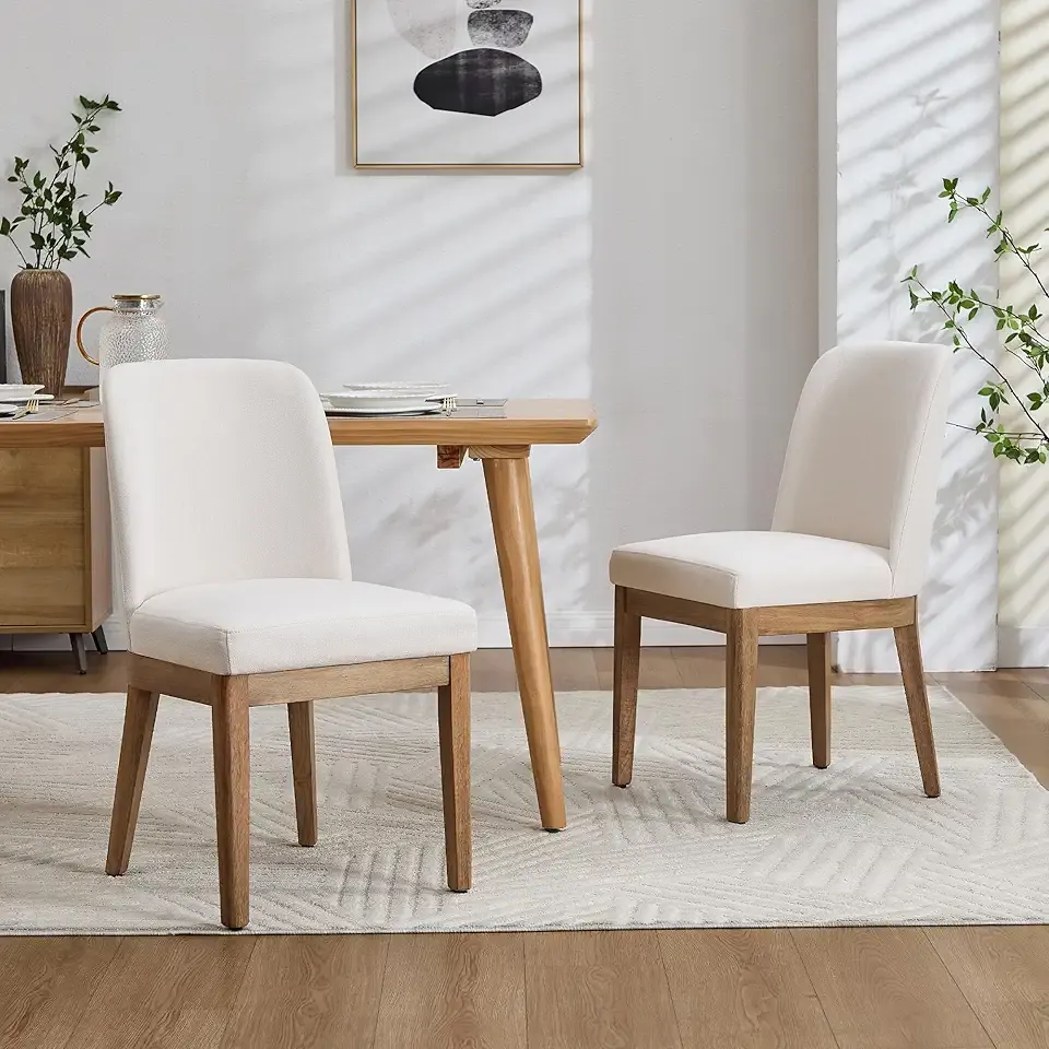 Upholstered Dining Chairs Set of 2, Modern Linen Kitchen Side Chairs with Curved Back, Solid Wood Legs for Dining Room, Kitchen, Living Room, Cream