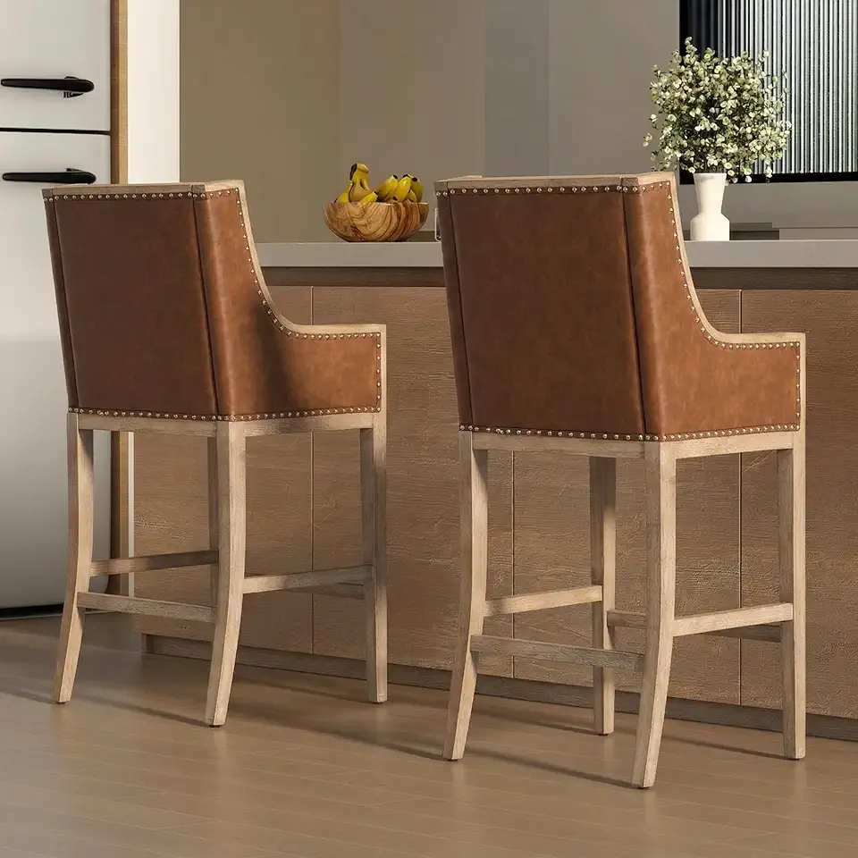 26.5" Counter Height Bar Stools Set of 2, Upholstered Wood Barstool with Armrests, Farmhouse Bar Chairs for Kitchen/Island Pub/Restaurant, Faux Leather Brown