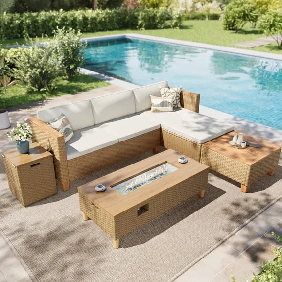 Deal, SUMMIT LIVING 5-Piece Wicker Patio Furniture Set with 42" Fire Pit Table, Outdoor Sectional Conversation Sofa, Yellow and Beige