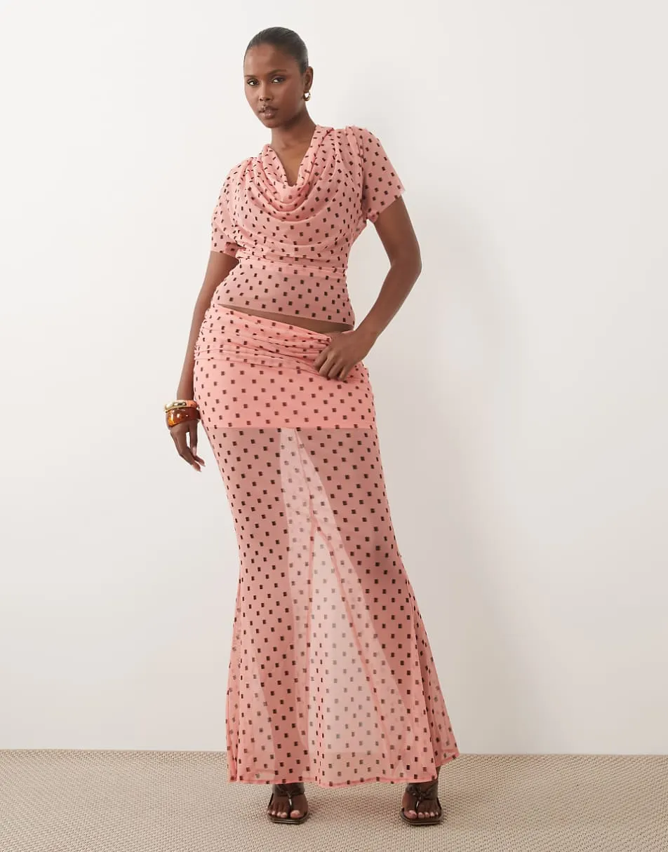 ASOS DESIGN printed mesh co-ord maxi skirt in coral geometric