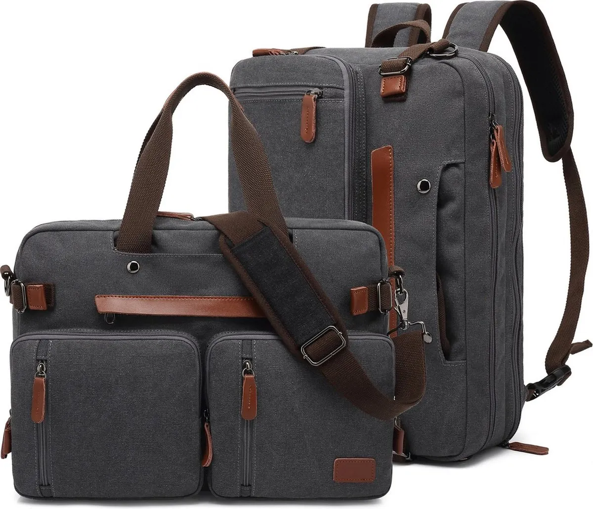 Laptoptas 2 in 1 Laptop Rugtas Schoudertas voor 17.3 inch laptop – canvas grijs