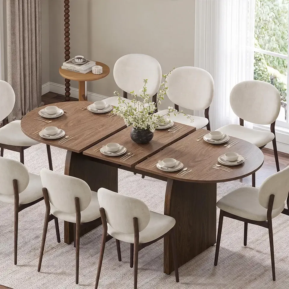 55"-70.8" Extendable Oval Dining Table for 4-8 with Built-in Flip Leaf | Walnut Expandable Farmhouse Kitchen Table with Heavy Duty Pedestal Base, Modern Tables for Dining Room, Living Room & Kitchen