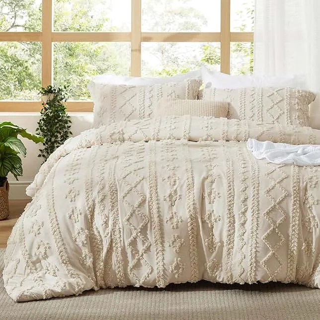Bedsure Tufted Boho Comforter Set Queen Size - Beige Boho Bed Set, GentleSoft™ 3 Pieces Farmhouse Shabby Chic Embroidery Bedding, Gifts for Woman, Soft Jacquard Queen Comforter for All Seasons