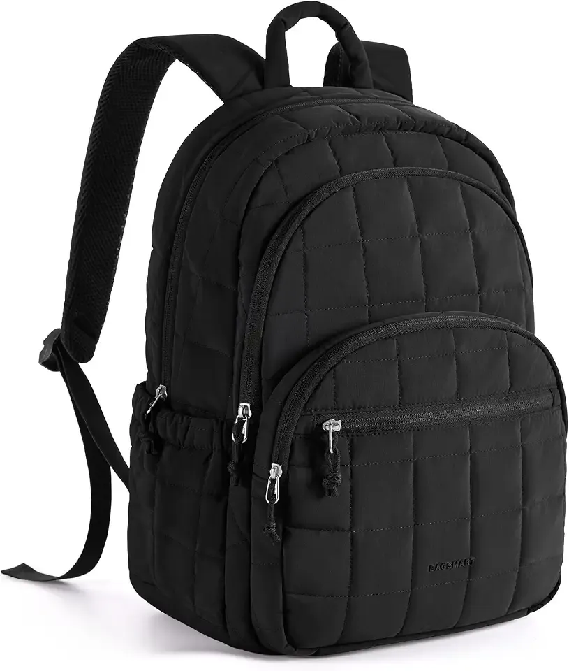 College Laptop Backpack, Travel Backpack for Women, Quilted Casual Daypack, Water-Resistant Bookbag for 15.6 Inch Laptop, Black