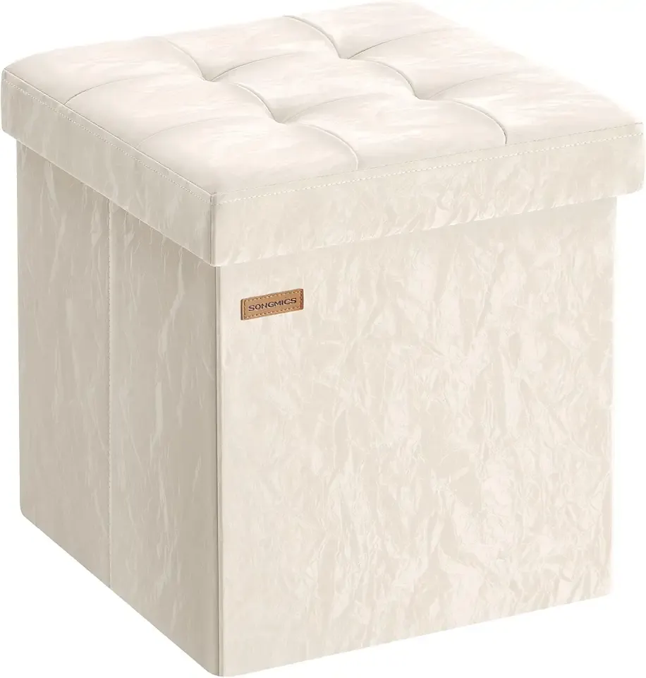 Storage Ottoman, Textured PU Leather Footstool, Foldable Footrest with Cushion, for Living Room and Bedroom, 15 x 15 x 15 Inch, White, Minota Collection ULSF522WD01