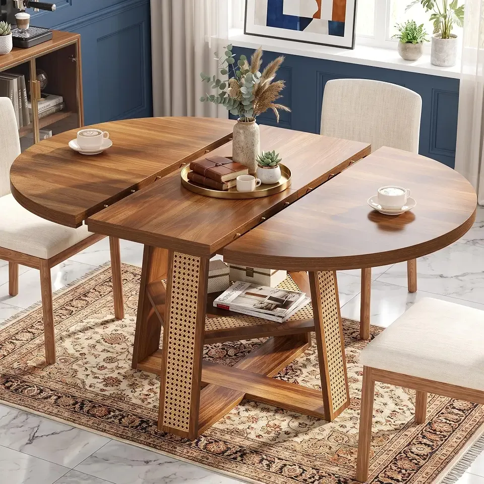knoworld 43"-59" Extendable Round Dining Table for 4-8, Cross Leg | Modern Kitchen Oval Dining Table with Removable Leaves, Wood Base with Storage Shelf for Kitchen Living Room, Walnut