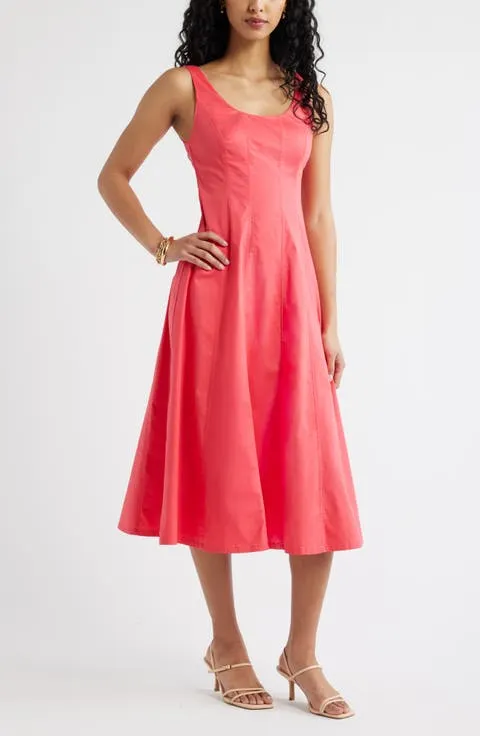 Open Edit Seamed Strech Cotton Poplin Midi Dress