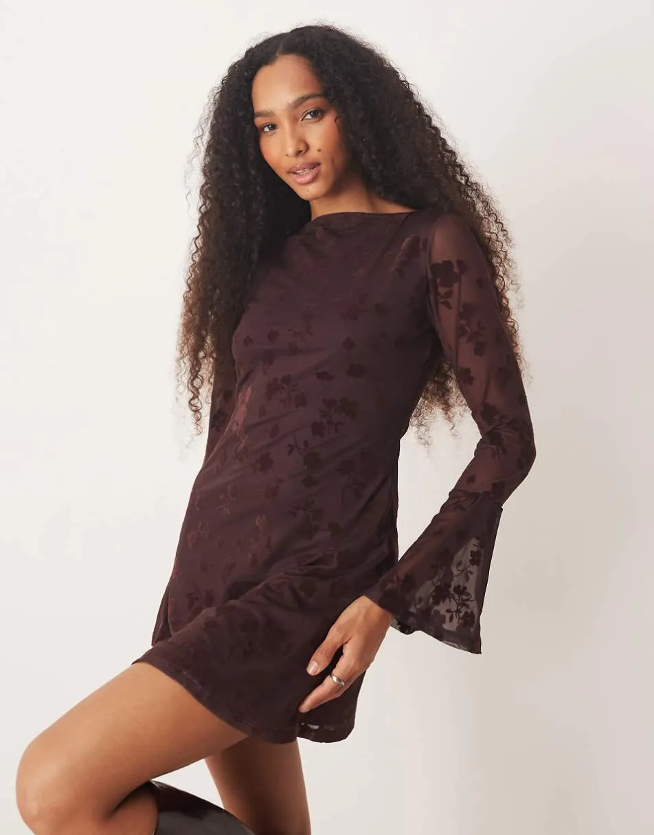 ASOS DESIGN flocked floral mini dress with flute sleeve in chocolate brown