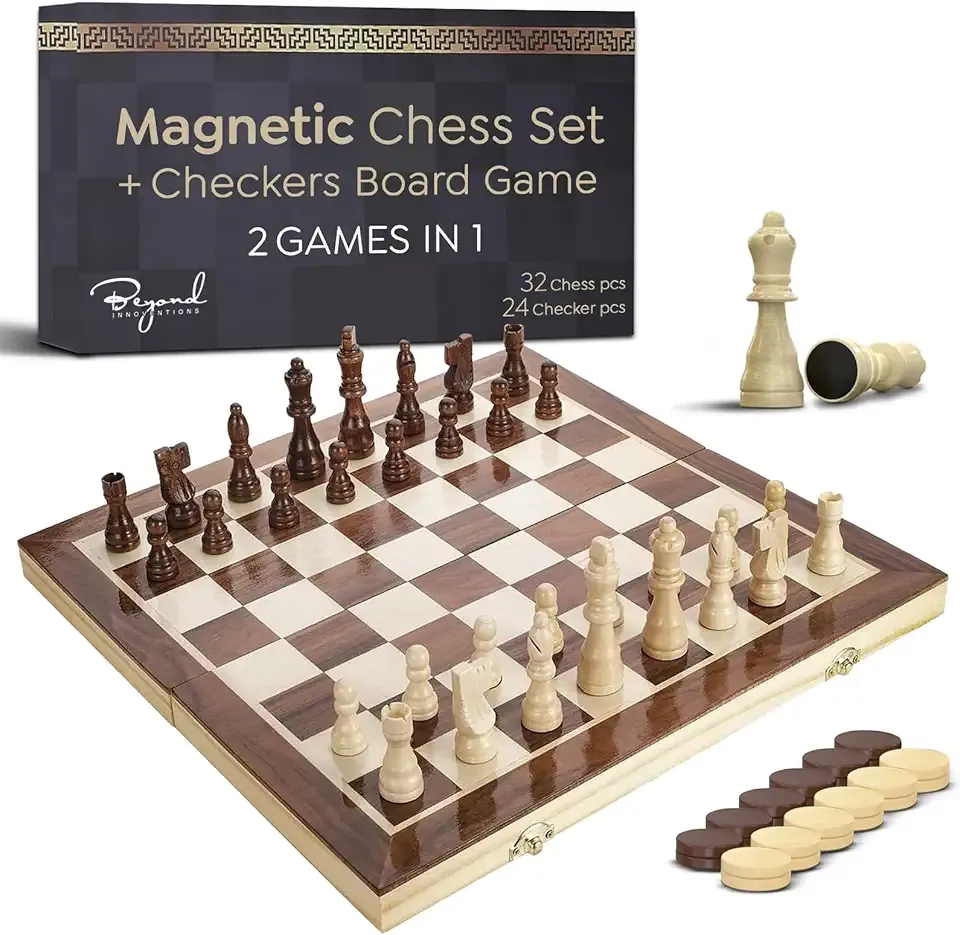 Wooden Magnetic Chess Set & Checkers Board Game, 15” Foldable Chess Board | Solid Wood 2-in-1 Board Game for Adults with Storage Box, 2 Extra Queens, Portable Travel Chess Set for Kids & Beginners