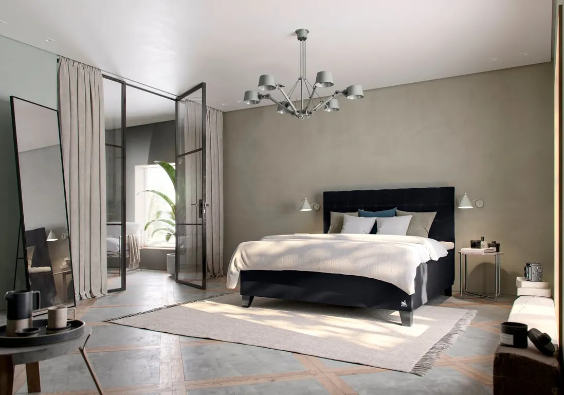 Svane® Origo Plus kontinentalseng 150x200 Moment Midnight, Earth Elastec overmadrass, Square Shaded Black 14cm ben