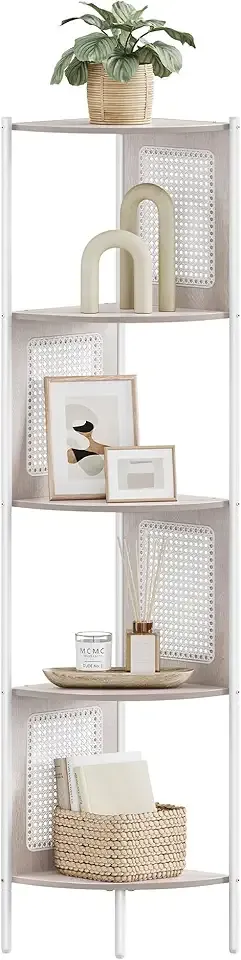 5-Tier Corner Shelf Stand, Boho Corner Bookshelf with Polyrattan Sides, Plant Stand for Living Room Bedroom Study Kitchen, Oatmeal Beige ULLS588K66