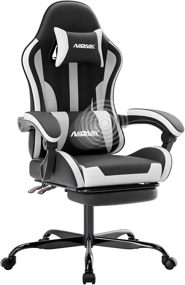 Gaming Chair, Ergonomic Computer Chair with Footrest and Lumbar Support, Height Adjustable Game Chair with 360°-Swivel Seat and Headrest and for Office or Gaming Blackwhite