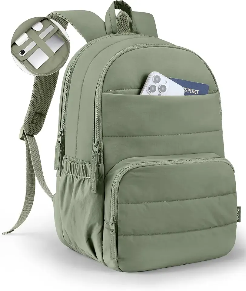 Travel Backpack for Women, 15.6 Inch Laptop Backpack, Quilted College Bookbag, Cute Work Backpacks, Water Resistant (Sage Green)