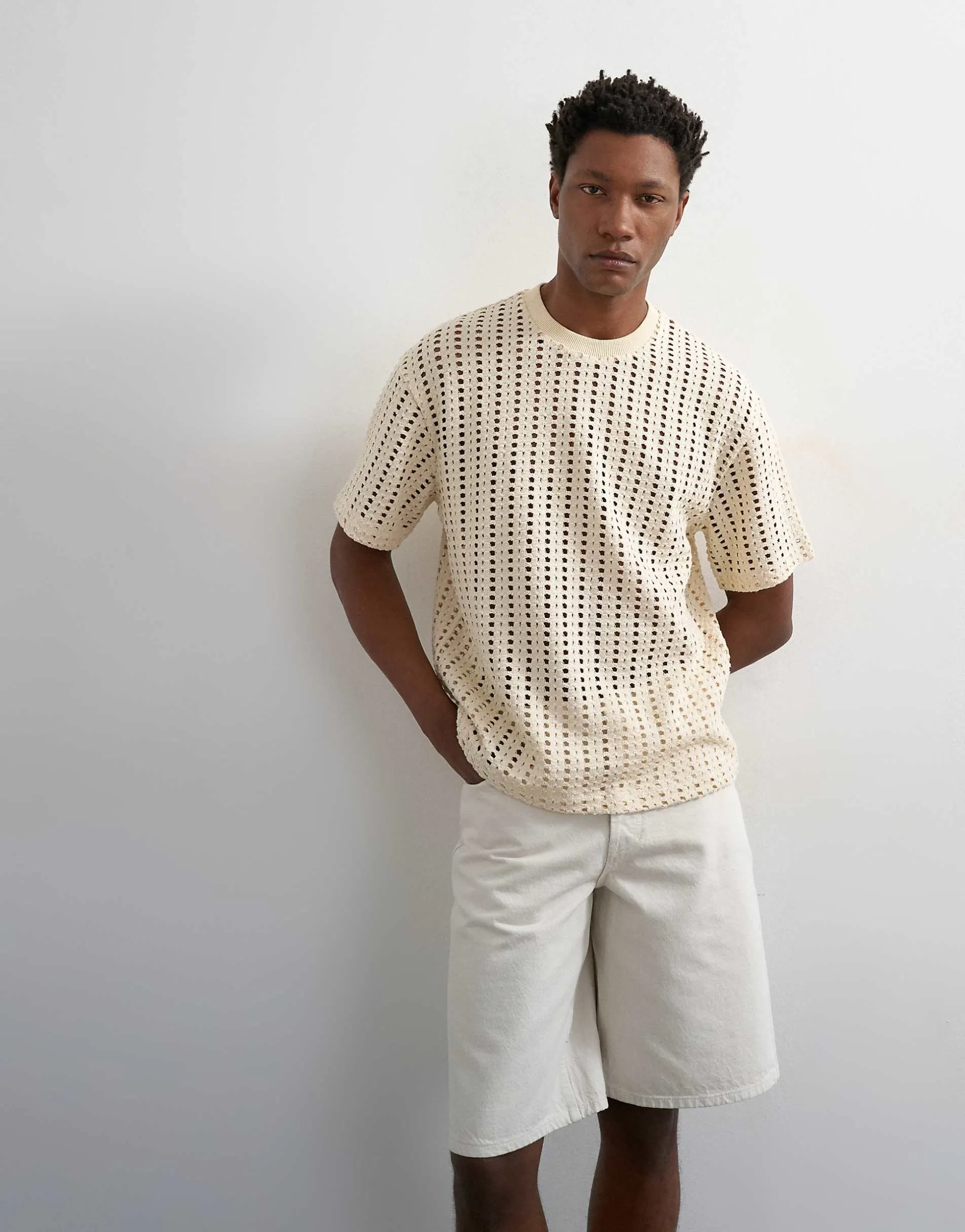 Topman relaxed fit crochet t-shirt in ecru