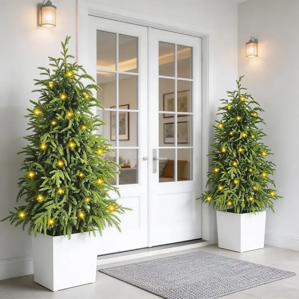 4FT Norfolk Pine Artificial Plants Outdoor with Lights 2Pack, Pre-lit Artificial Topiary Trees for Front Porch, Real Touch PE Artificial Outdoor Plants Entryway Decor