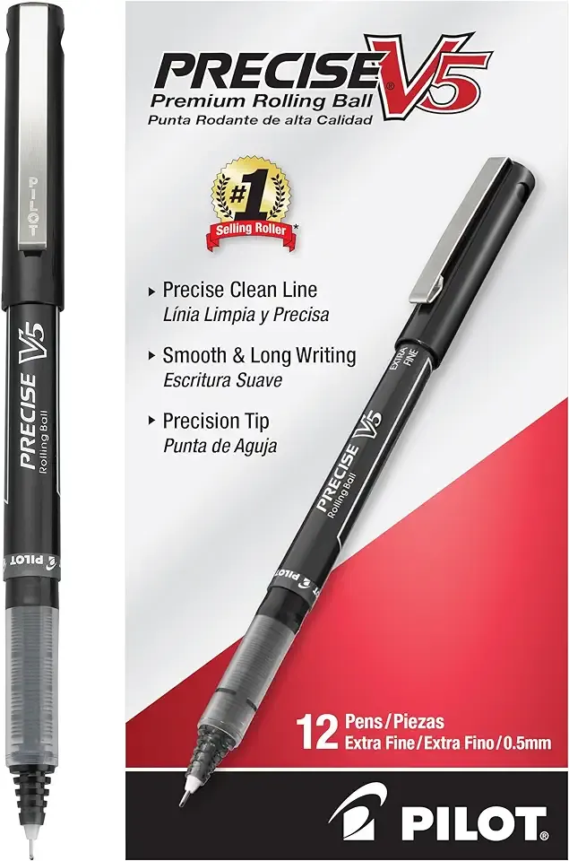 PILOT Precise V5 Stick Liquid Ink Rolling Ball Stick Pens, Extra Fine Point (0.5mm) Black Ink, 12-Pack (35334)