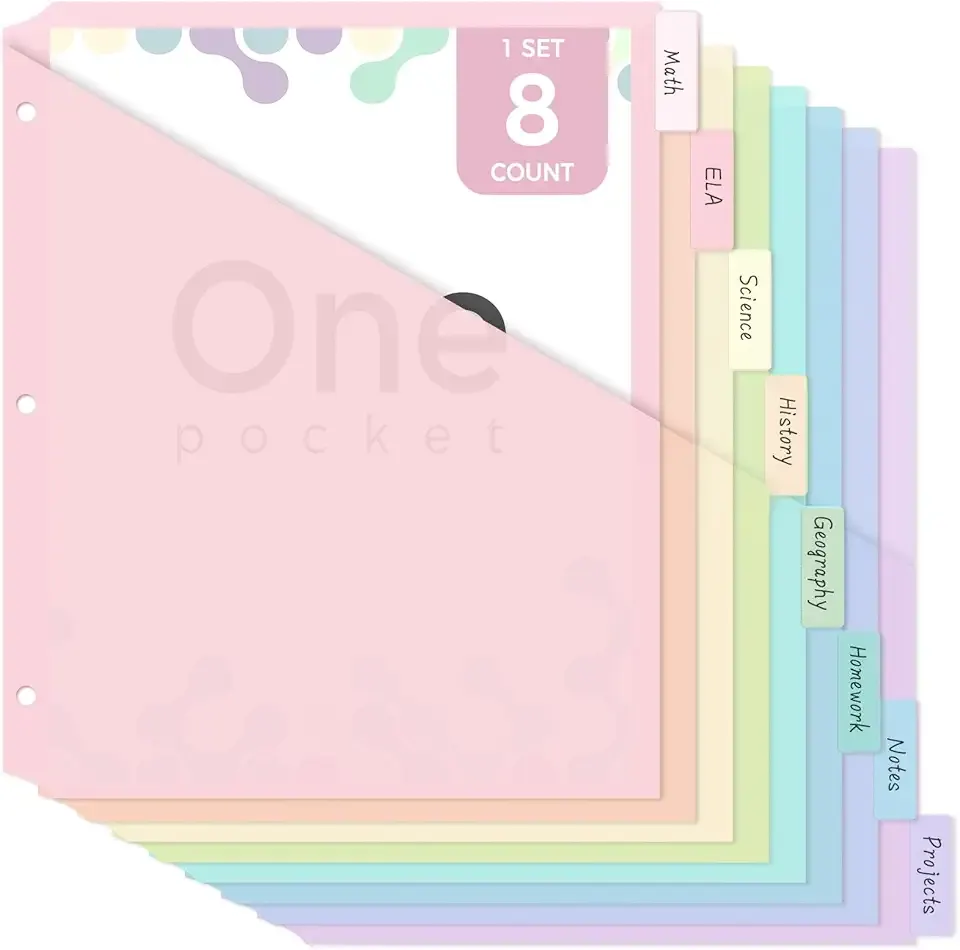 SKYDUE Pastel Binder Dividers with Pockets – 8-Tab Durable Plastic Dividers for 3-Ring Binder, Single Pocket File Organizers with Matching Label Stickers