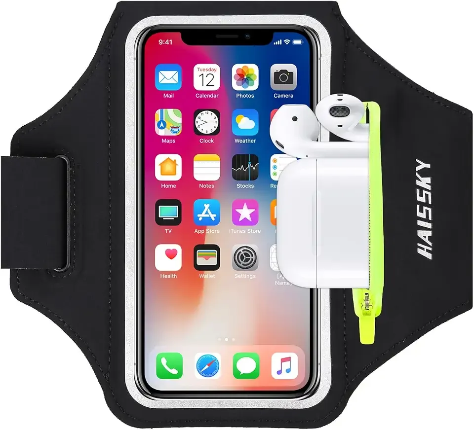 HAISSKY Running Armband with Earphone Pouch Fits Phones up to 6.9" | Cell Phone Armband for iPhone, Water Resistant & Breathable Sports Phone Holder & Zipper Pocket Car Key Holder for Jogging