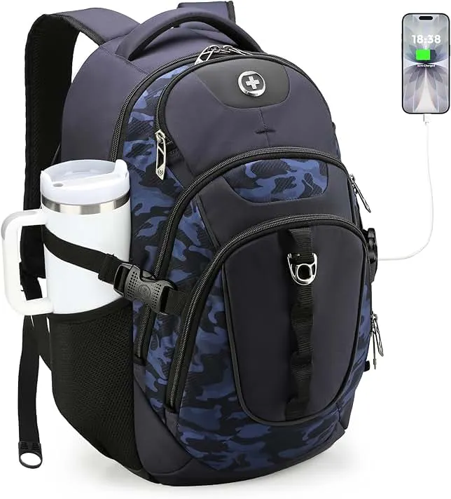 Swissdigital Design Laptop Backpack with USB Charging Port, Travel Backpack Fits 15.6 inches Computer, 31L College School Backpack for Men, Blue Camo | SD803-92