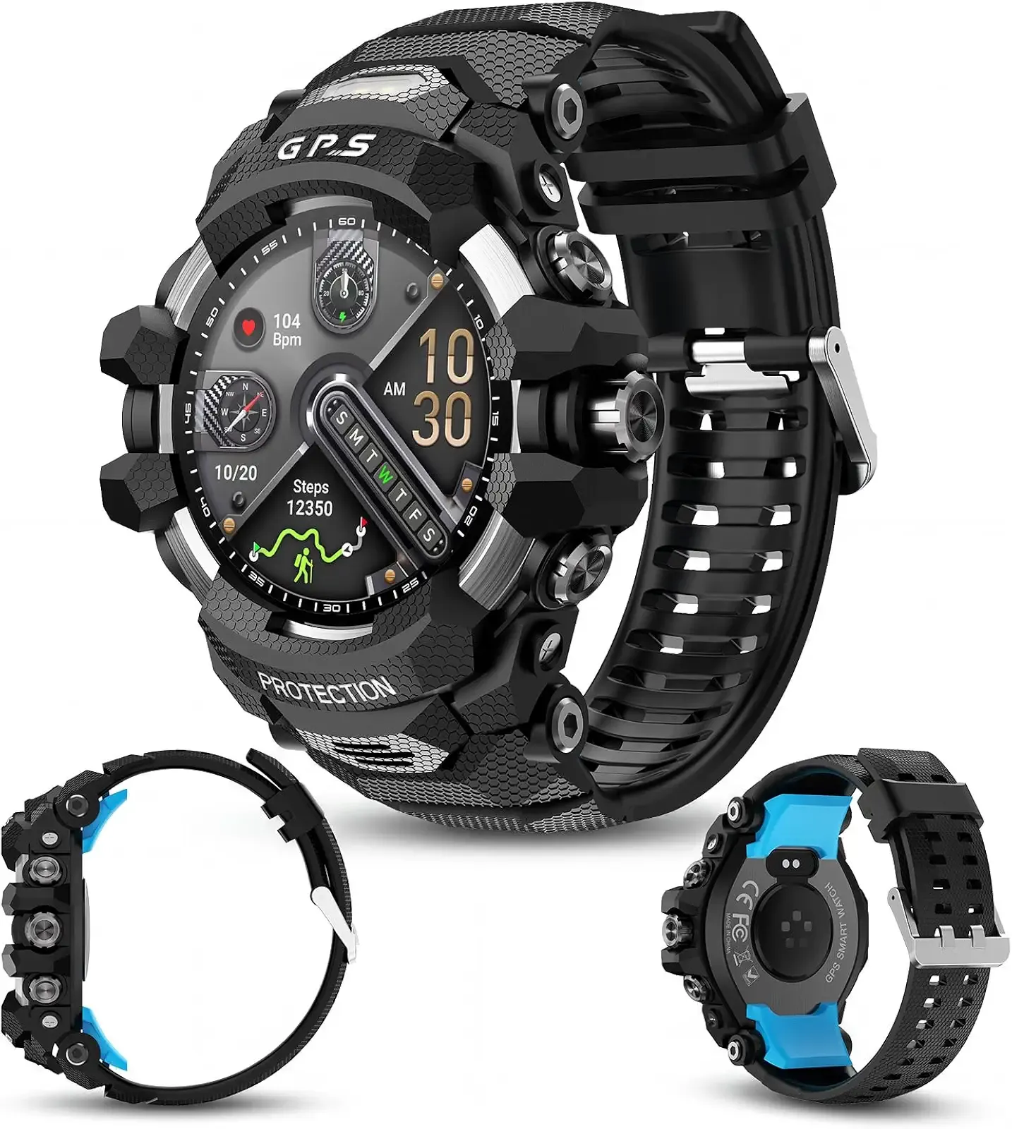 Smart Watch for Men with Built-in GPS, 1.43" AMOLED Fitness Tracker with Bluetooth Calling, Dual LED Flashlight, Compass Altimeter Barometer, IP68 Rugged Outdoor Watch, Black