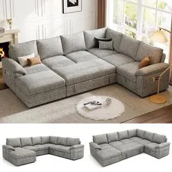 Suawy 108 Inch Modular Sectional Sofa With Pull Out Bed,U Shaped 7 Seat Sectional Sl...