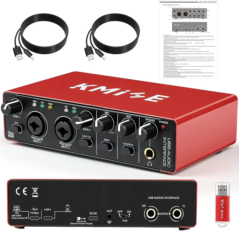 Kmise USB Audio Interface, Computer Recording Audio Interfaces with 48V Phantom Power for Recording, Studio Quality Sound, Compatible with Guitarists, Vocalists, Podcasters (USB Type-C)