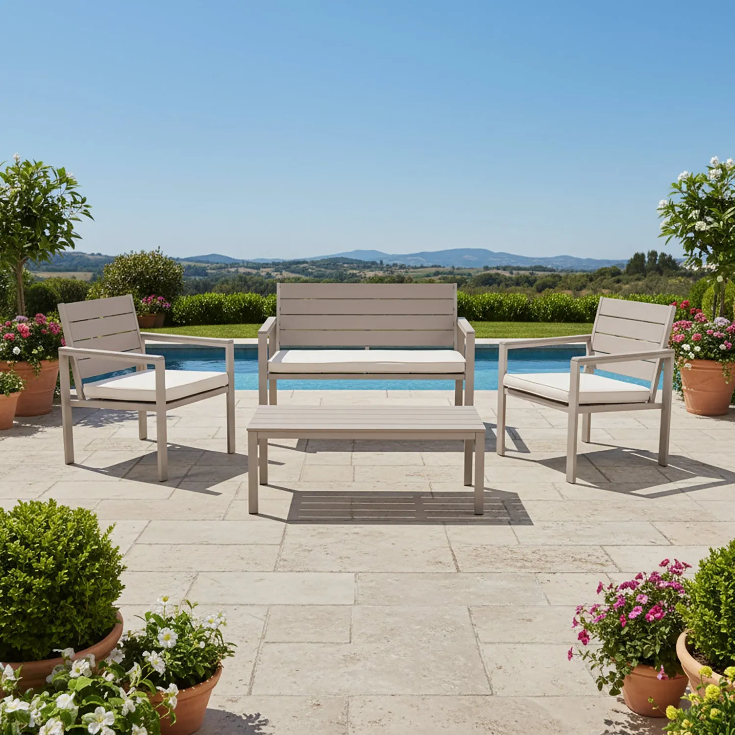 Set da giardino 4 pezzi struttura in acciaio Beige con Doghe in HDPE Effetto Legno Tortora