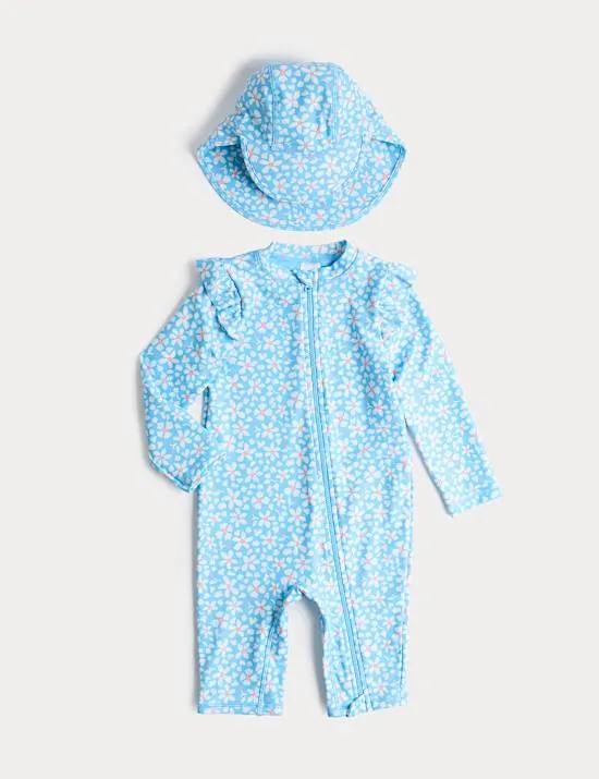 2-teiliger Badeanzug mit Mütze und Gänseblümchenmuster (0–5 J.)