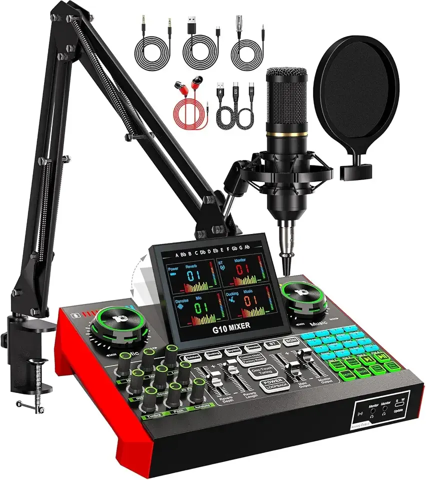 Neculogy Audio Interface Podcast Equipment Bundle with 3.5mm Condenser Microphone, Audio Mixer for PC, Mac & Phone, Voice Changer, Noise Reduction for Streaming, Gaming & Recording