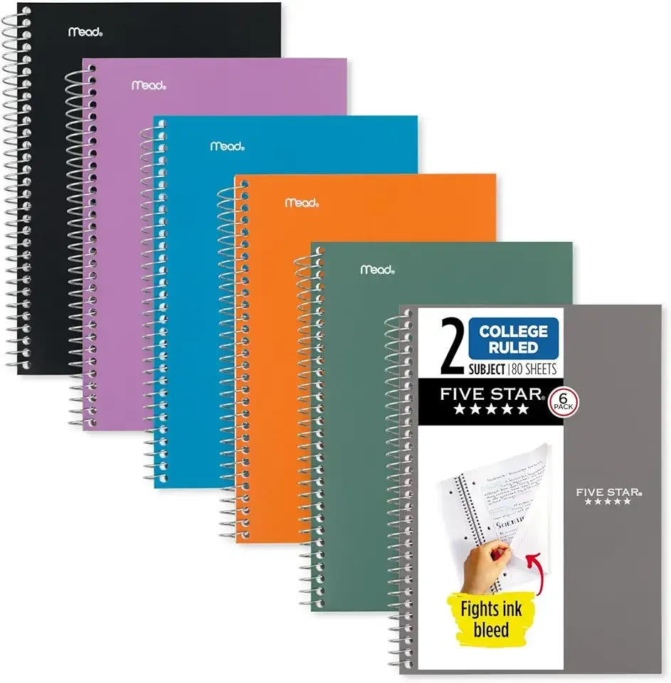 Five Star Spiral Notebooks, 6 Pack, 2 Subject, College Ruled, 9 1/2" x 6", 80 Sheets, Amethyst Purple, Sedona Orange, Seaglass Green, Tidewater Blue, Gray and Black (840029A-ECM)