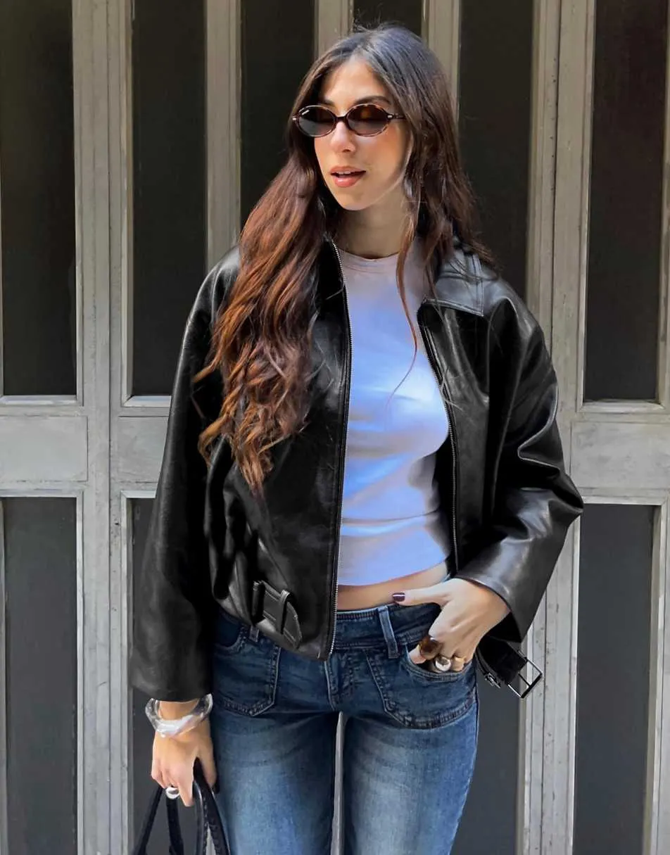 Bershka Belted faux leather jacket in black