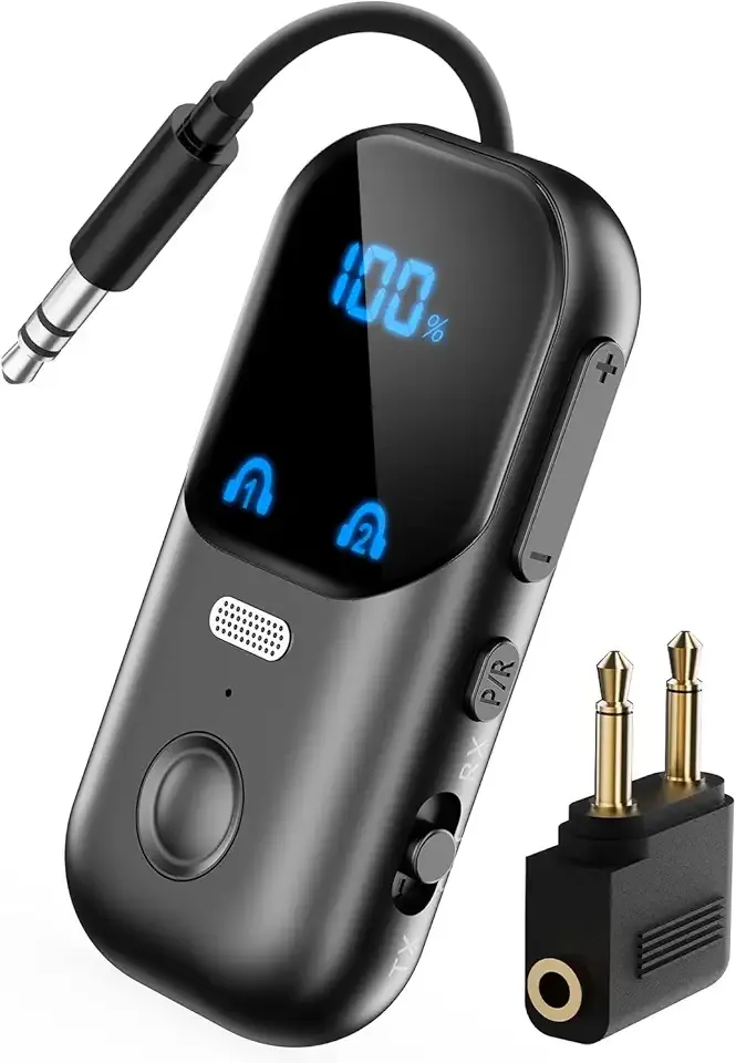 Bluetooth 5.4 Transmitter Receiver for 2 AirPods/Headphones, 2-in-1 Airplane Bluetooth Adapter with Mic for Hands-Free Calls, Low Latency, Wireless Audio Adapter for Travel Flight TV Speakers