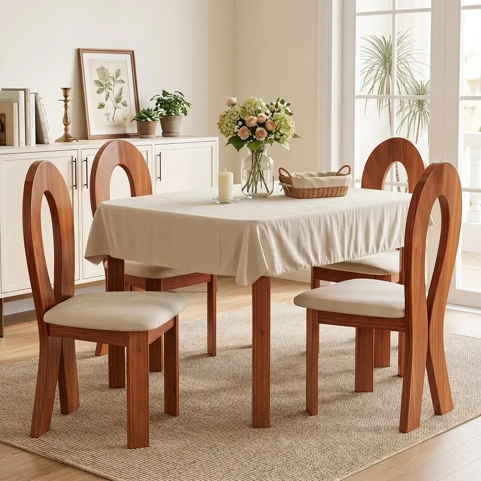 Dining Chairs Set of 2, Mid‑Century Modern New Chinese Accent Chairs, Solid Wood Upholstered Chairs with Hollow Teardrop Black Backrest, Yellow Cushion for Dining Room Bedroom Vanity Cafe Living Room