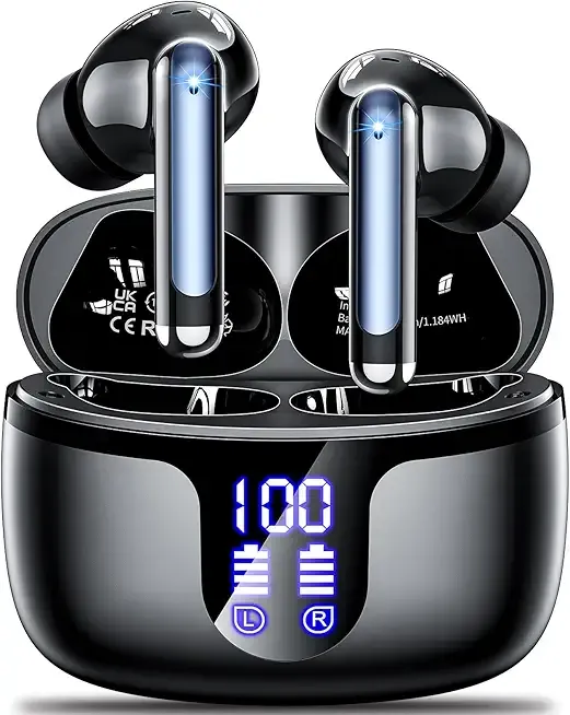 S48 wireless earbuds bluetooth 5.4 Headphones 42h Duration Playback for running/fitness/office use. Equipped with 4 noise cancelling microphones, IPX7 waterproof and LED battery display screen Black