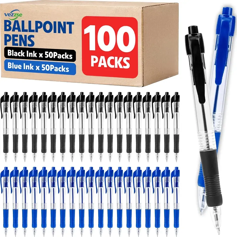 100 Pack Ballpoint Pens Bulk, Black & Blue Pens Ballpoint Medium Point 1mm with Super Soft Grip, Blue Ink Pens Smooth Writing, No Bleed, School, Office, Teacher Supplies