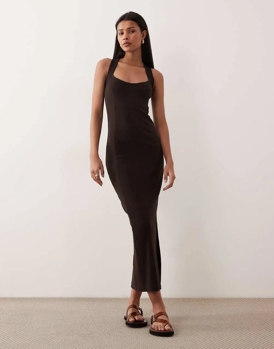 ASOS DESIGN scoop front racer seam detail midi dress in chocolate