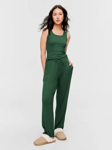 Olive Bamboo Rib Wide Leg Pj Pant