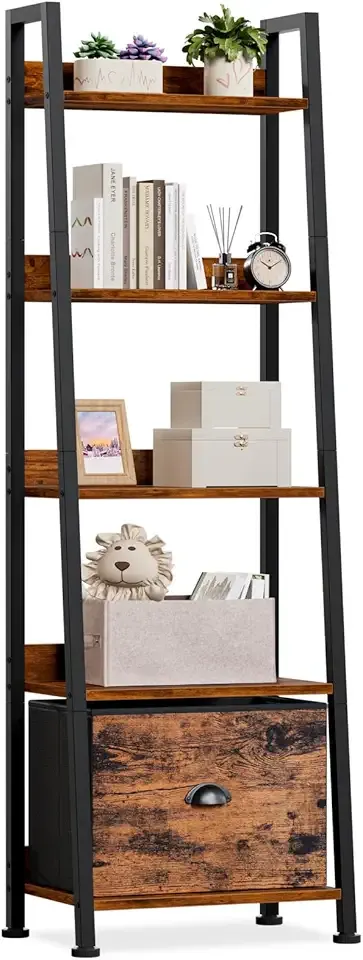 5-Tier Ladder Shelf, Ladder Bookshelf with Removable Drawer, Rustic Bookcase Storage Rack Organizer, Wood Metal Freestanding Storage Shelf for Living Room, Home Office, Bedroom, Balcony