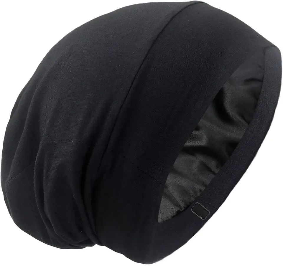 Silk Satin Lined Bonnet Sleep Cap - Adjustable Stay on All Night Hair Wrap Cover Slouchy Beanie for Curly Protection Women and Men Solid Black